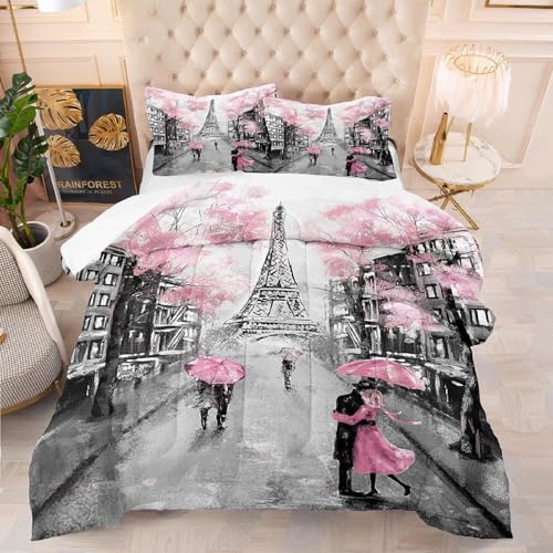 kxry Pink Paris Eiffel Tower Comforter Set Queen Size French Style Couple Lover Flower Bedding Sets for Girls Women Kids Quilted Duvet 1 Comforter  2 Pillow Cases