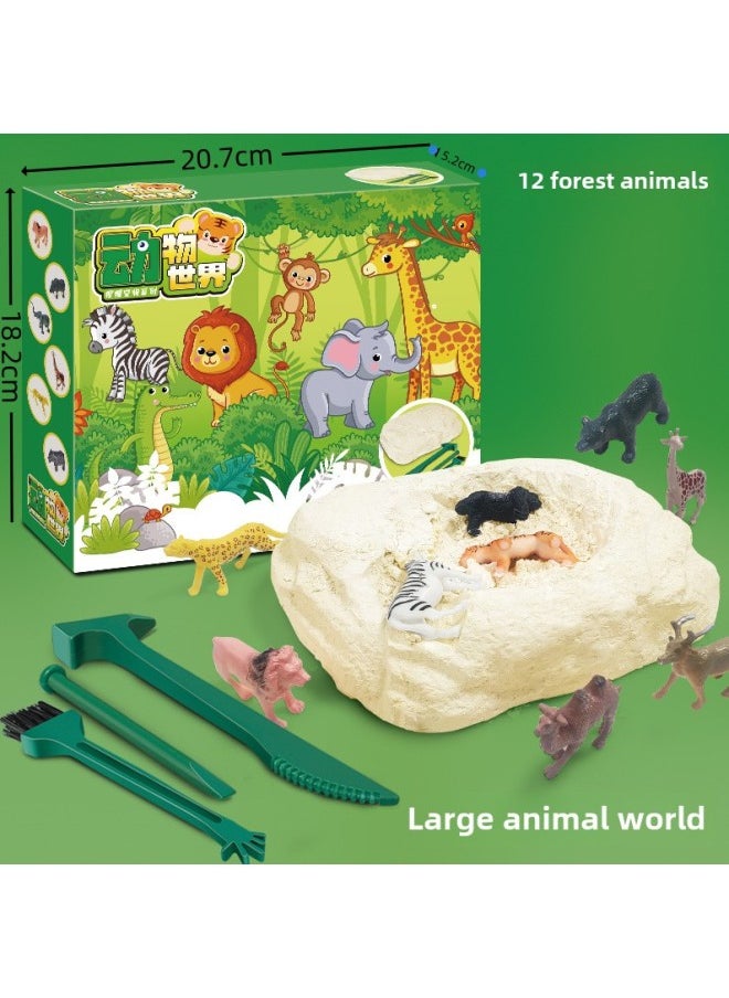 Archaeological Digging Toy Dinosaur Fossil Treasure Hunt Mermaid Children Gem DIY Handmade Archaeological Gem-Color:Deluxe Animal World (color Box) +3 Tools (about 12 Forest Animals)  - Image 1