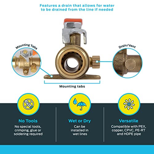 SharkBite 1/2 Inch Ball Valve With Drain Vent And Mounting Bracket, Push To Connect Brass Plumbing Fitting, PEX Pipe, Copper, CPVC, PE-RT, HDPE, 24615-0000LFA - Image 3