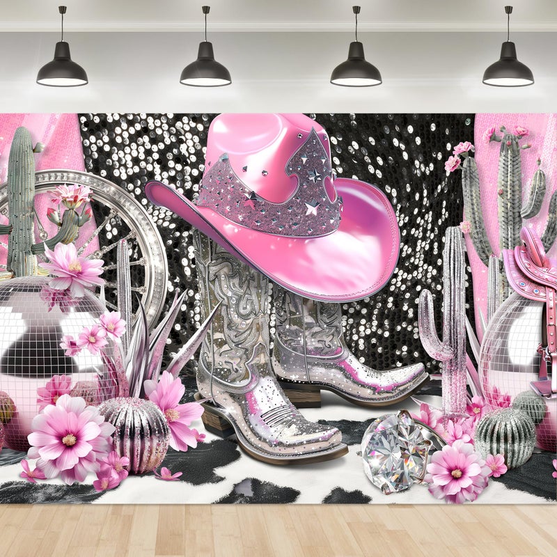Ufeela Cowgirl Backdrop Disco Let's Go Girl Birthday Western Pink Sliver Cool Girly Boots Retro Vintage Glitter Diomand 7Wx5H Feet Fabric Polyester Photography Background Banner Photo Shoot Decor Prop - Image 1