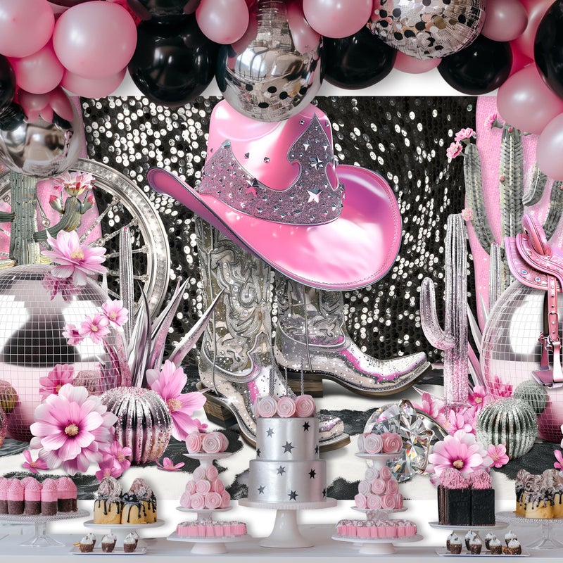 Ufeela Cowgirl Backdrop Disco Let's Go Girl Birthday Western Pink Sliver Cool Girly Boots Retro Vintage Glitter Diomand 7Wx5H Feet Fabric Polyester Photography Background Banner Photo Shoot Decor Prop - Image 2