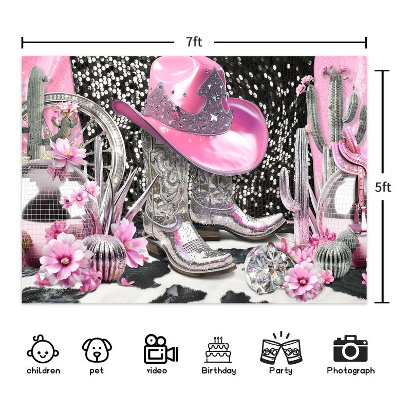 Ufeela Cowgirl Backdrop Disco Let's Go Girl Birthday Western Pink Sliver Cool Girly Boots Retro Vintage Glitter Diomand 7Wx5H Feet Fabric Polyester Photography Background Banner Photo Shoot Decor Prop - Image 3
