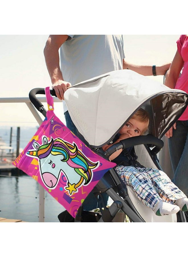visesunny Magic Unicorn Head Bright Pink Hipster Trendy 2Pcs Wet Bag With Zippered Pockets Washable Reusable Roomy For Travelbeachpooldaycarestrollerdiapersdirty Gym Clothes Wet Swimsuits Toil  - Image 3