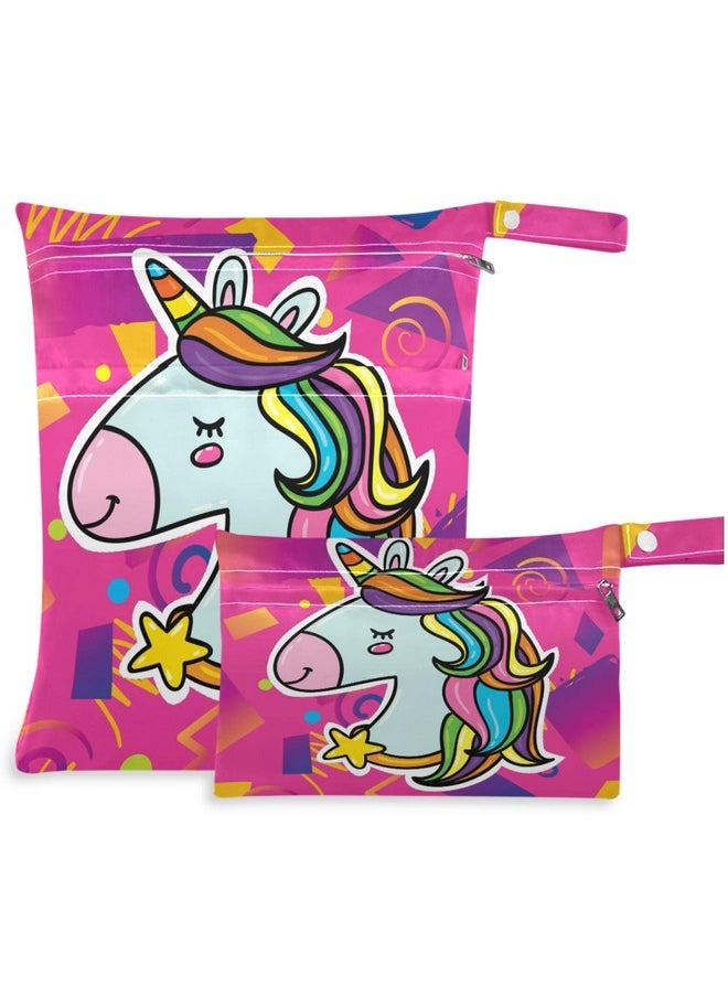 visesunny Magic Unicorn Head Bright Pink Hipster Trendy 2Pcs Wet Bag With Zippered Pockets Washable Reusable Roomy For Travelbeachpooldaycarestrollerdiapersdirty Gym Clothes Wet Swimsuits Toil  - Image 2