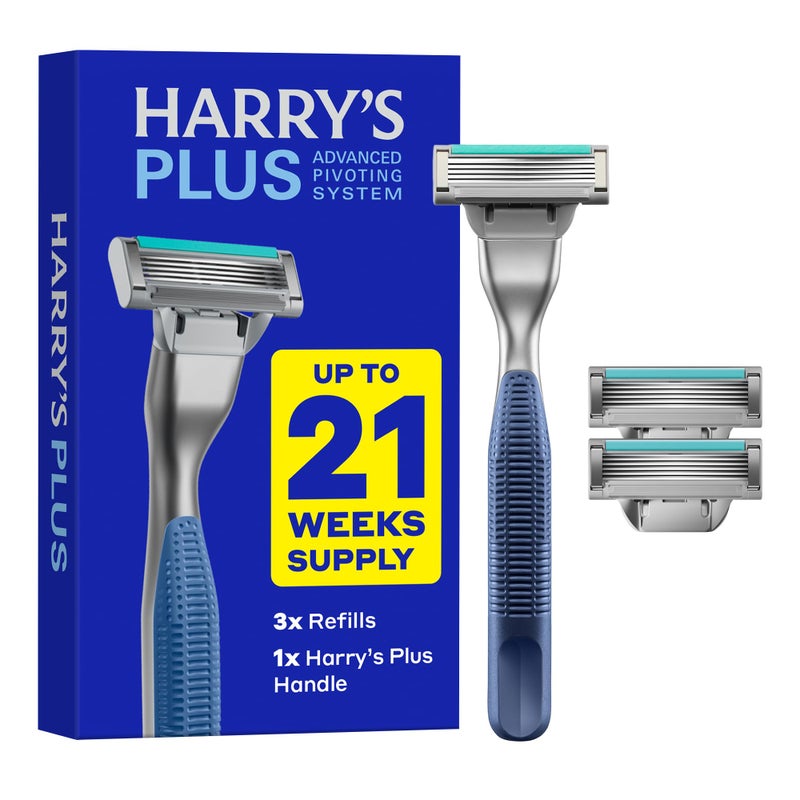 Harry's Plus Razor Shaving Kit for Men - Premium Handle and 3 Razor Blade Cartridges - Advanced Pivoting System - Tide - Image 1