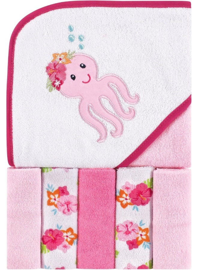 Luvable Friends Unisex Baby Hooded Towel with Five Washcloths, Tropical Octopus, One Size - Image 2