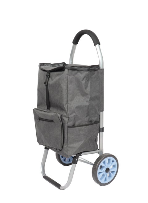 Multi-purpose shopping cart with a stylish and sturdy design with large storage pockets and features durable, non-slip foam wheels with a comfortable handle for hand comfort.