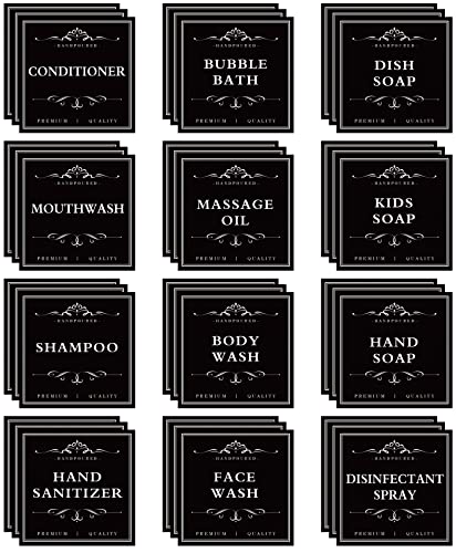 DNSEN 36 PCS Printed Waterproof Labels for Shampoo and Conditioner Bottles,Bathroom Soap Dispenser Organization Label Stickers Black - Image 1