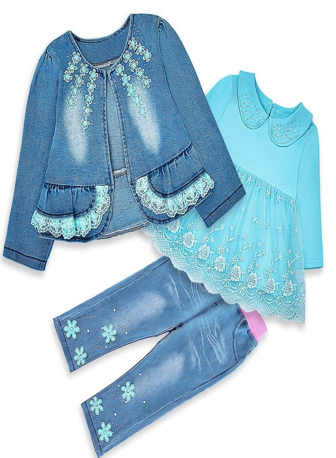 Peacolate 6M-4Years Spring Fall Baby Girls Clothing Set 3pcs Long Sleeve Dress Denim Jacket and Jeans(Blue,3-4Years) - Image 2