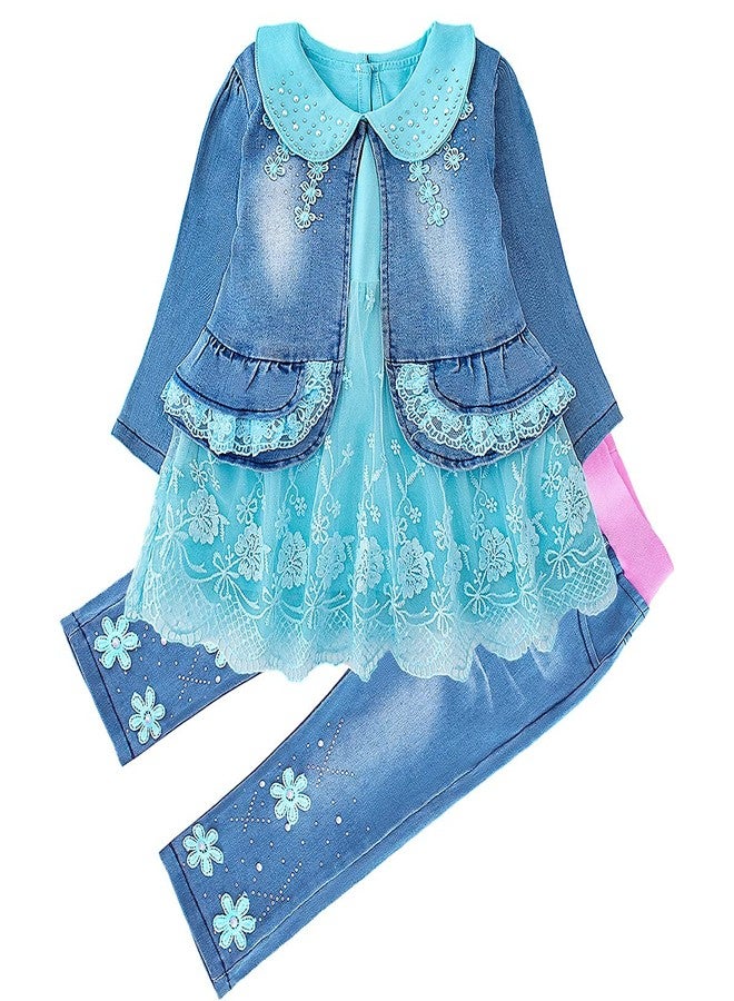 Peacolate 6M-4Years Spring Fall Baby Girls Clothing Set 3pcs Long Sleeve Dress Denim Jacket and Jeans(Blue,3-4Years) - Image 1