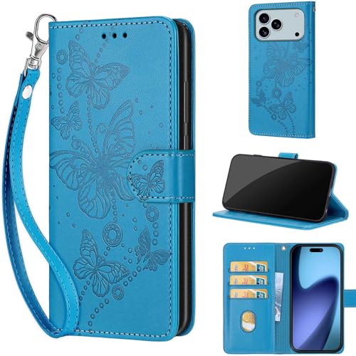 KENHONER Designed for iPhone 17 Pro Max Case Wallet,Women Flip Folio Cover with Embossed PU Leather Stand Credit Card Holders Slots Wrist Strap Phone Case for iPhone 17 Pro Max (Blue Butterfly) - Image 1