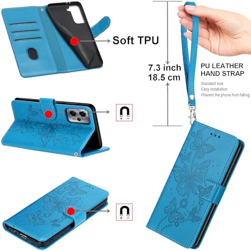 KENHONER Designed for iPhone 17 Pro Max Case Wallet,Women Flip Folio Cover with Embossed PU Leather Stand Credit Card Holders Slots Wrist Strap Phone Case for iPhone 17 Pro Max (Blue Butterfly) - Image 4