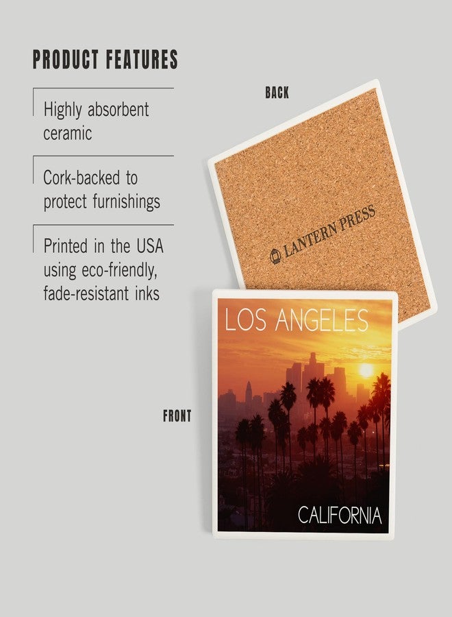 Lantern Press Los Angeles, California, Skyline and Palms (Absorbent Ceramic Coaster, Single, Cork Back, Kitchen Table Decor) - Image 3