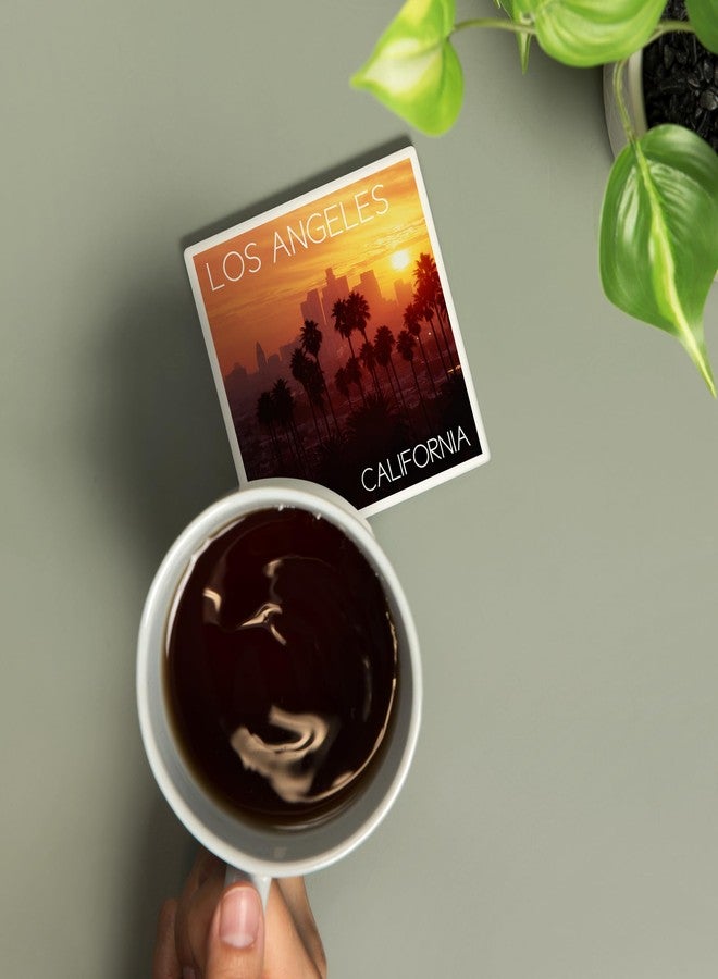 Lantern Press Los Angeles, California, Skyline and Palms (Absorbent Ceramic Coaster, Single, Cork Back, Kitchen Table Decor) - Image 2