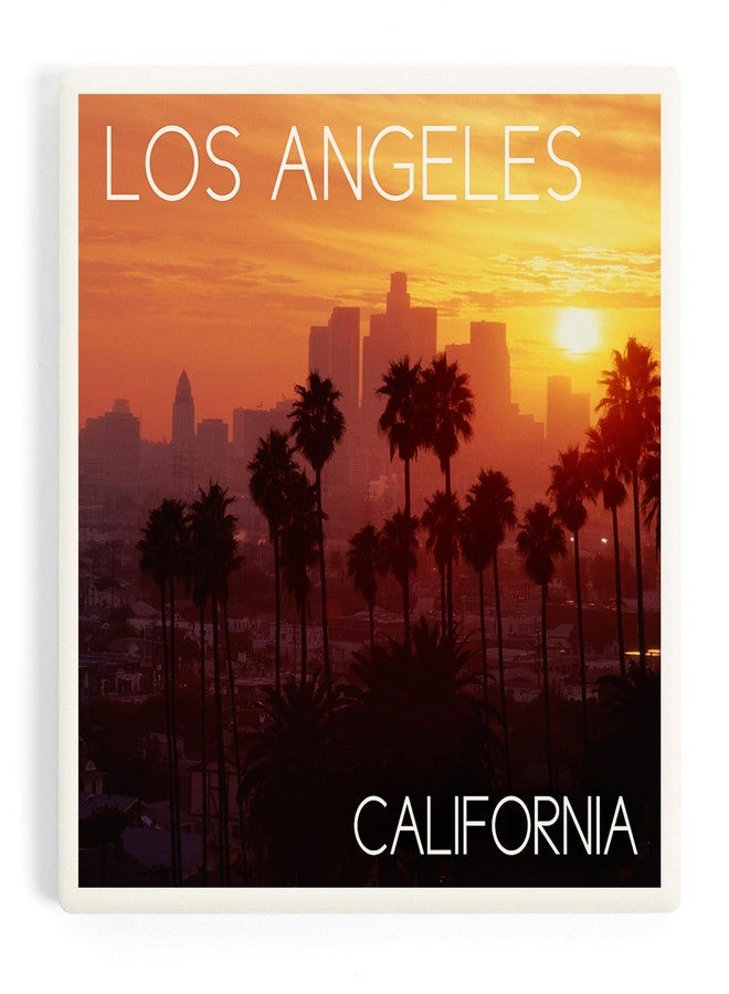 Lantern Press Los Angeles, California, Skyline and Palms (Absorbent Ceramic Coaster, Single, Cork Back, Kitchen Table Decor) - Image 1