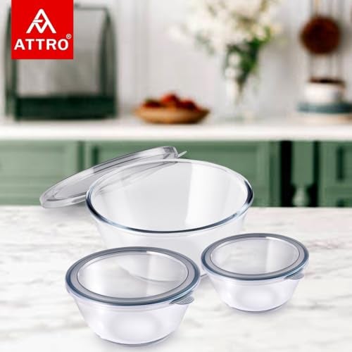 Attro Glassox Classic Mixing Bowl with lid Borosilicate Glass Bowl Microwave & Oven Safe Set of 3 500ml, 1000ml, 1600ml, Transparent - Image 3