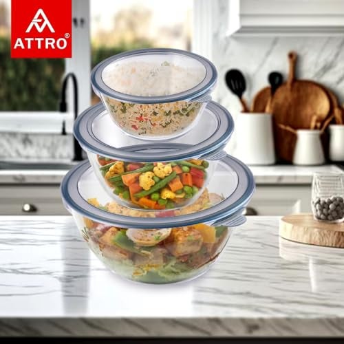 Attro Glassox Classic Mixing Bowl with lid Borosilicate Glass Bowl Microwave & Oven Safe Set of 3 500ml, 1000ml, 1600ml, Transparent - Image 2