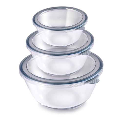Attro Glassox Classic Mixing Bowl with lid Borosilicate Glass Bowl Microwave & Oven Safe Set of 3 500ml, 1000ml, 1600ml, Transparent - Image 1