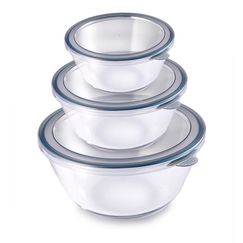 Attro Glassox Classic Mixing Bowl with lid Borosilicate Glass Bowl Microwave & Oven Safe Set of 3 500ml, 1000ml, 1600ml, Transparent - Image 5