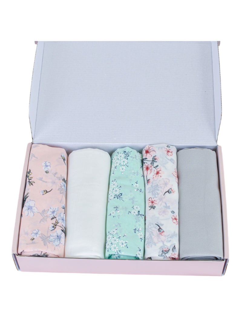 ADEEB-5 Pieces Hijab Scarfs  for Women - Premium Quality Chiffon, Solid and Printed Unique Hijab Gift Box - Image 2