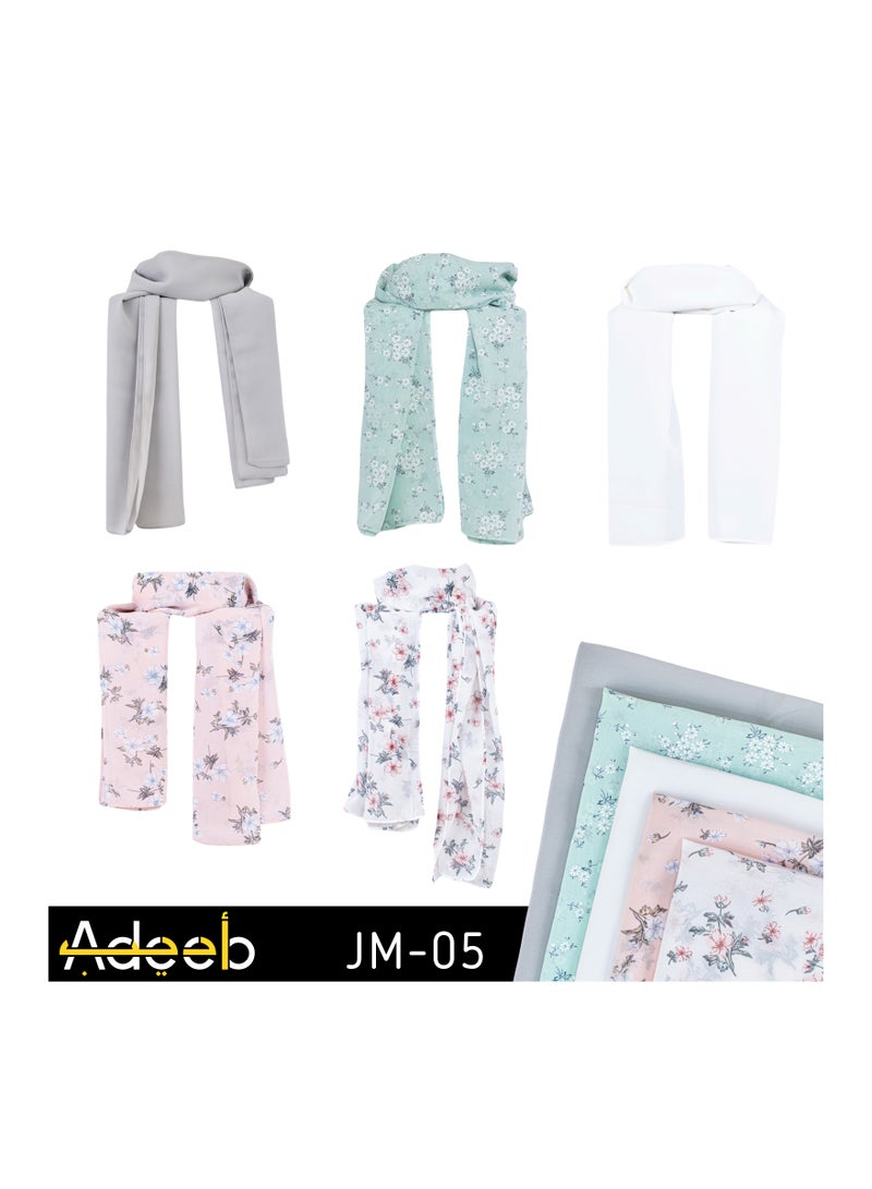 ADEEB-5 Pieces Hijab Scarfs  for Women - Premium Quality Chiffon, Solid and Printed Unique Hijab Gift Box - Image 3