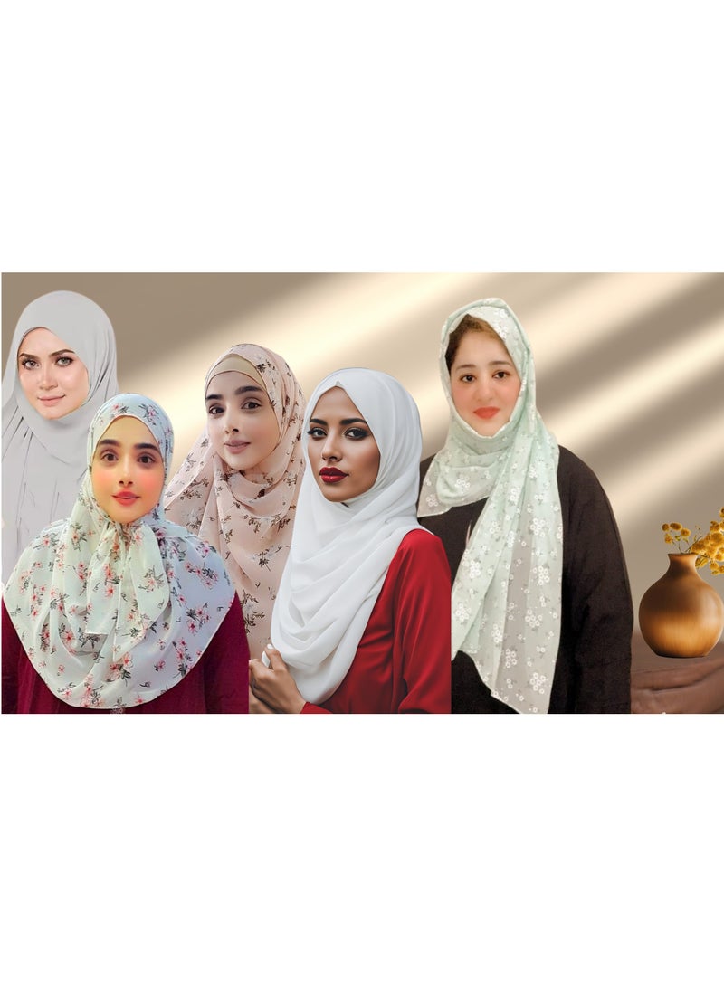 ADEEB-5 Pieces Hijab Scarfs  for Women - Premium Quality Chiffon, Solid and Printed Unique Hijab Gift Box - Image 5