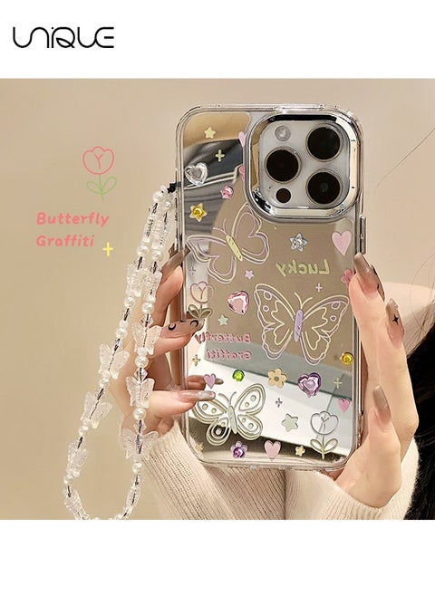 Compatible with iPhone 16 Pro Cases, Butterfly Pattern Cases, Peach Heart Diamond Cases, Mirror Cases, TPU Drop Protection - With Lanyard