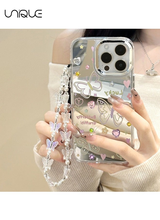 Unique - Compatible with iPhone 16 Pro Cases, Butterfly Pattern Cases, Peach Heart Diamond Cases, Mirror Cases, TPU Drop Protection - With Lanyard - Image 1
