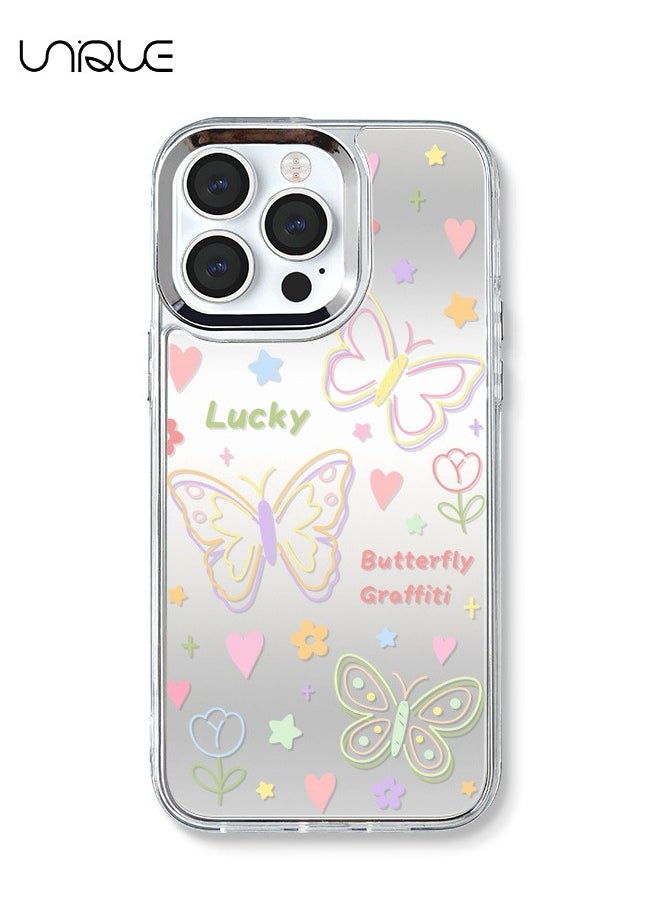 Unique - Compatible with iPhone 16 Pro Cases, Butterfly Pattern Cases, Peach Heart Diamond Cases, Mirror Cases, TPU Drop Protection - With Lanyard - Image 1
