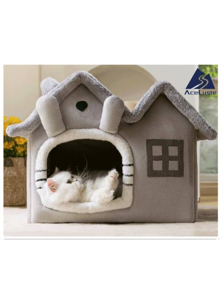 1-Piece Double Top Cats Nest Cats Bed, Foldable Pet House Cat house, Detachable Double Roof  Cartoon Design Indoor Cat Nest, Thicker Warm Soft Kennel, Removable Cushion and Non-Slip Bottom, Easy to Clean Washable Pet Bed Suitable for Small and Medium-sized Cats and Dogs to Sleep(For Pets Less Than or Equal to 7.5kg)