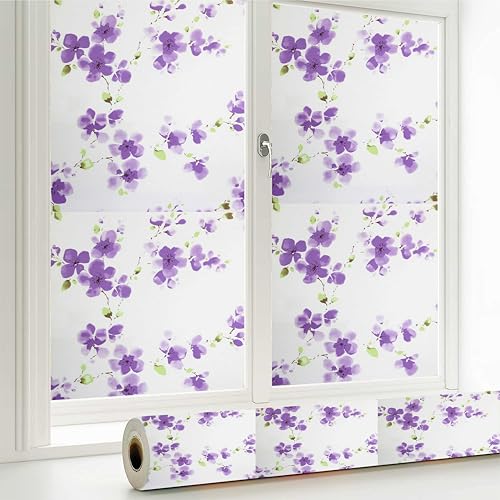 WALLTON Privacy Vinyl Frosted Window Film Glass Sticker Self-Adhesive Film Tint Wallpaper Opaque Sheet for Glass Privacy Cover Window, Door, Office, Home.| Anti-UV. (16x36 Inch, Purple Flowers) - Image 4