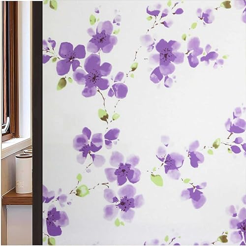 WALLTON Privacy Vinyl Frosted Window Film Glass Sticker Self-Adhesive Film Tint Wallpaper Opaque Sheet for Glass Privacy Cover Window, Door, Office, Home.| Anti-UV. (16x36 Inch, Purple Flowers) - Image 1