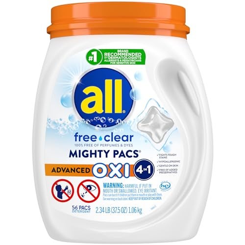 all Laundry Detergent Pacs Mighty Pacs with OXI Stain Removers and Whiteners Free Clear Unscented and Dye Free 56 Count