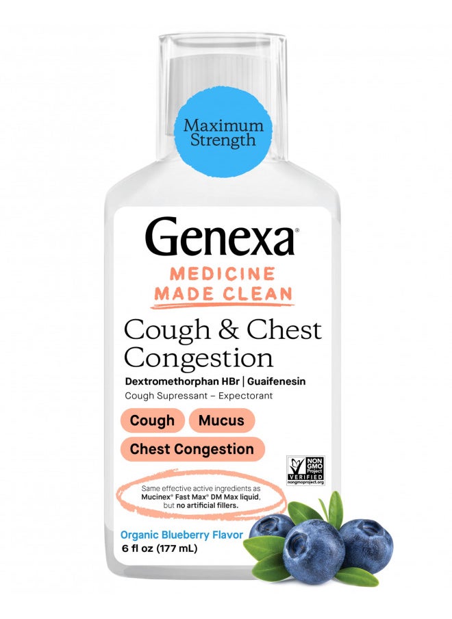 Genexa - Genexa Liquid Cough & Chest Congestion Medicine for Adults | Multi-Symptom Maximum Strength Relief Cough Syrup | Cough Suppressant & Expectorant | Delicious Organic Blueberry Flavor | 6 Fluid Ounces - Image 1