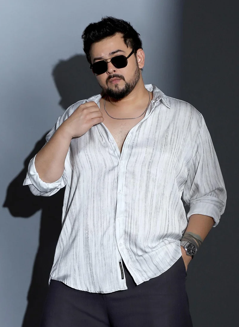 Instafab Plus Men Grazed-Imprint Textured Shirt | Spread Collar , Long Cuffed Sleeves | Button Closure , Curved Hem | Abstract Print Textured | Woven Fabric For Street & Casual Wear | Cream White