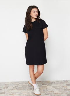 trendyol Black 100% Cotton Pocket Detailed Crew Neck Short Sleeve Knitted T-shirt Dress TWOSS24EL00120  - Image 1