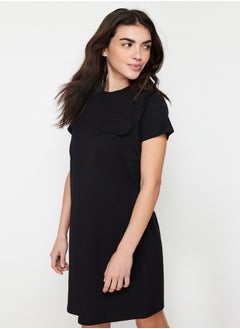 trendyol Black 100% Cotton Pocket Detailed Crew Neck Short Sleeve Knitted T-shirt Dress TWOSS24EL00120  - Image 2