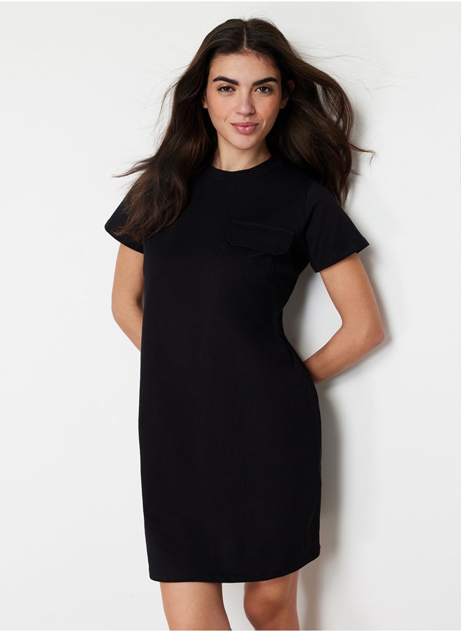 trendyol - Black 100% Cotton Pocket Detailed Crew Neck Short Sleeve Knitted T-shirt Dress TWOSS24EL00120 - Image 1
