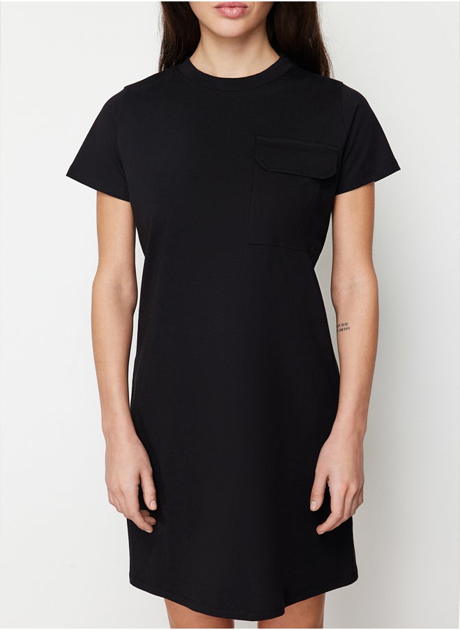 trendyol - Black 100% Cotton Pocket Detailed Crew Neck Short Sleeve Knitted T-shirt Dress TWOSS24EL00120 - Image 1