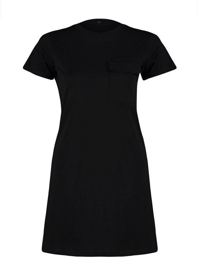 trendyol - Black 100% Cotton Pocket Detailed Crew Neck Short Sleeve Knitted T-shirt Dress TWOSS24EL00120 - Image 1