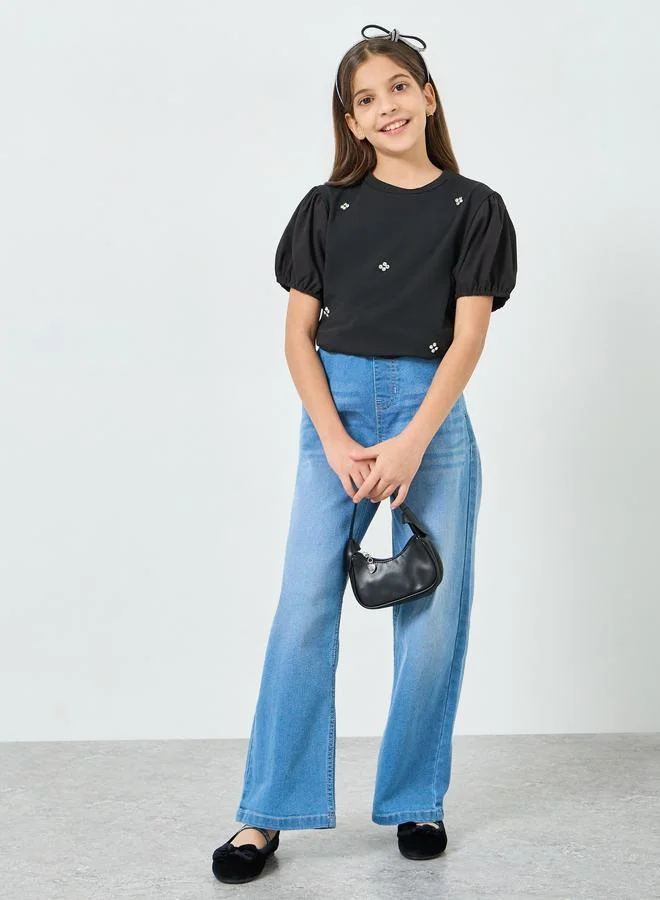 Styli Teen Girls Black Puff Sleeve Embellished Top
