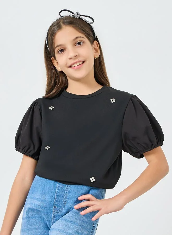 Styli Teen Girls Black Puff Sleeve Embellished Top