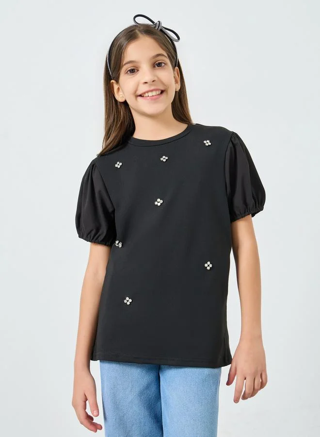 Styli Teen Girls Black Puff Sleeve Embellished Top