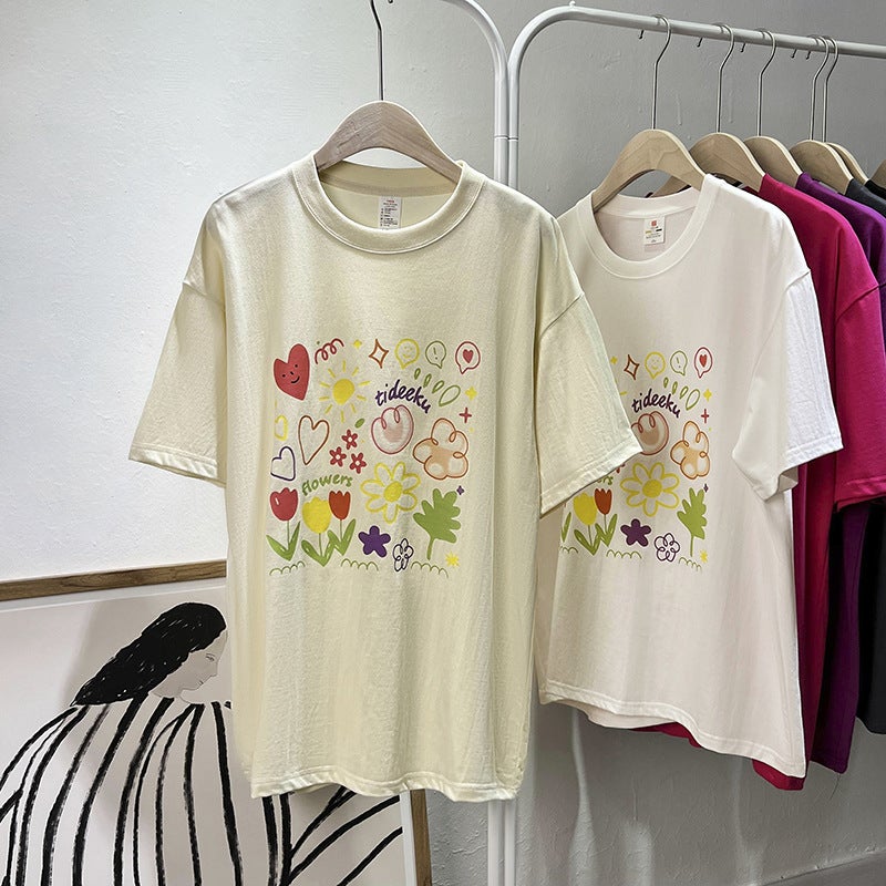 Pure Cotton Collar Summer Cartoon Graffiti Printed Short-Sleeved T-Shirt For Women Summer Loose Mid-Length Top - Image 1