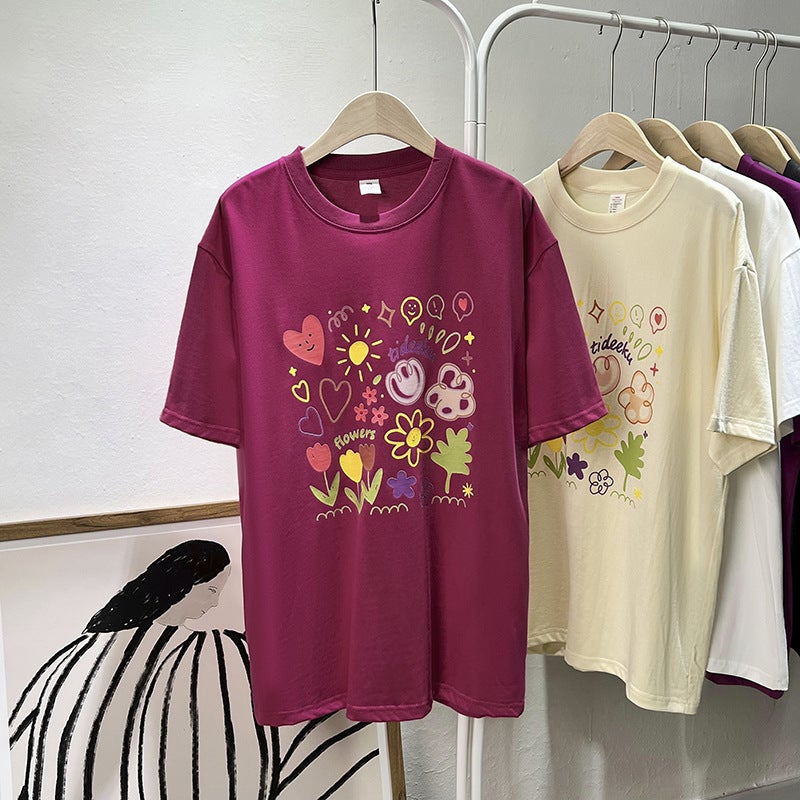 Pure Cotton Collar Summer Cartoon Graffiti Printed Short-Sleeved T-Shirt For Women Summer Loose Mid-Length Top - Image 5