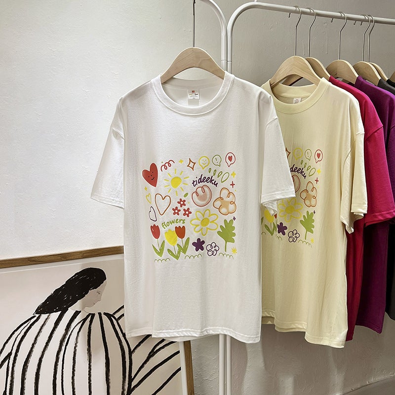 Pure Cotton Collar Summer Cartoon Graffiti Printed Short-Sleeved T-Shirt For Women Summer Loose Mid-Length Top - Image 3