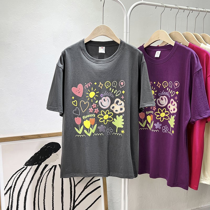 Pure Cotton Collar Summer Cartoon Graffiti Printed Short-Sleeved T-Shirt For Women Summer Loose Mid-Length Top - Image 4