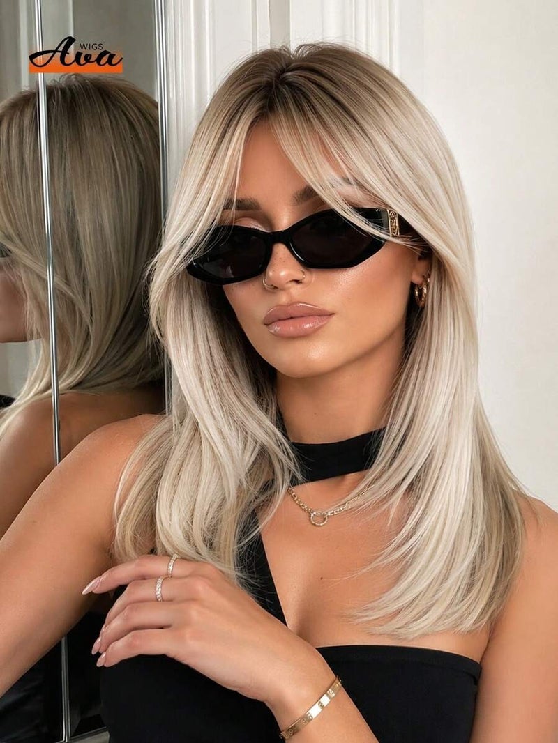 16 Inch Brown Root Honey Blonde Ombre Medium Long Straight Synthetic Wig for Women, Lightweight Soft Fiber, Face-Framing Curtain Bangs, Adjustable Cap, Daily Wear &  Cosplay