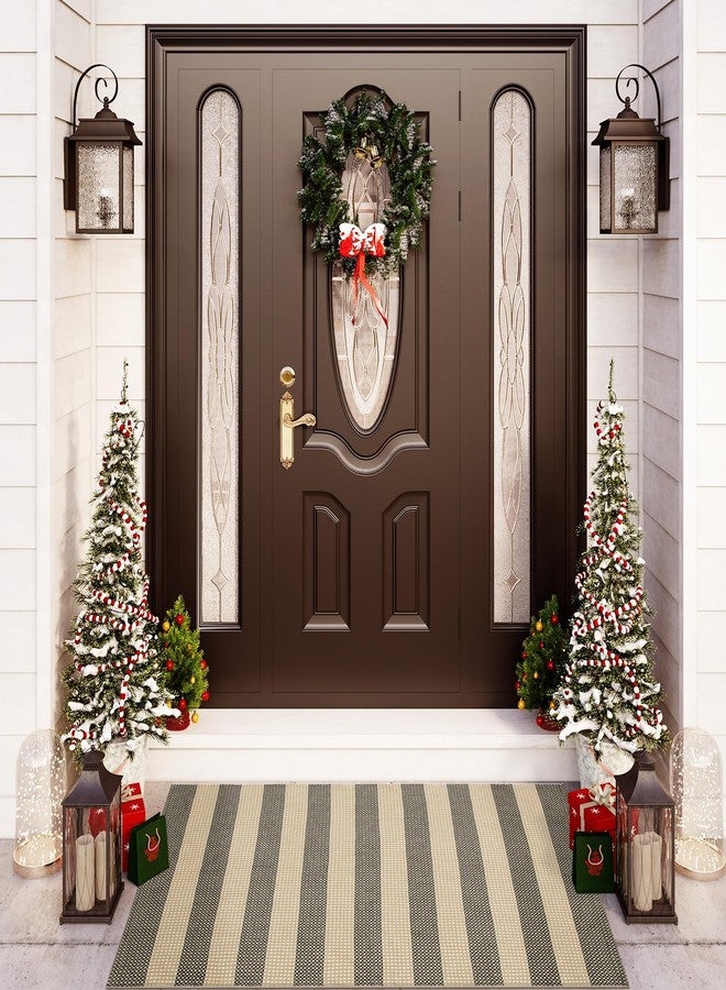 OJIA Tan Washable Outdoor Rug 3'x5', Front Door Mat Outside Entrance Cotton Woven Christmas Doormat Indoor Outdoor Rugs Striped Entryway Rugs Small Outdoor Door Mats for Porch Patio Kitchen Entry - Image 1