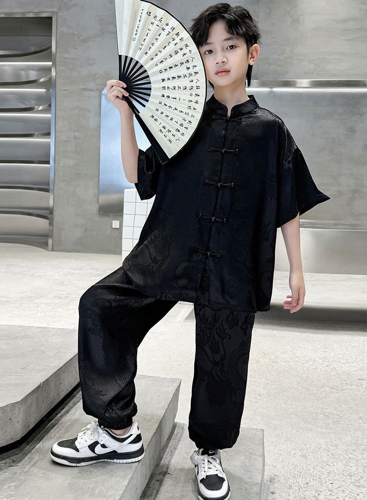 LiangSanZhi Boys' Hanfu Summer Set, Ancient-style Tang Suit Outfit for Kids, Anti-Mosquito Pants Two-Piece Set, Chinese Traditional Clothing for Boys - Image 3